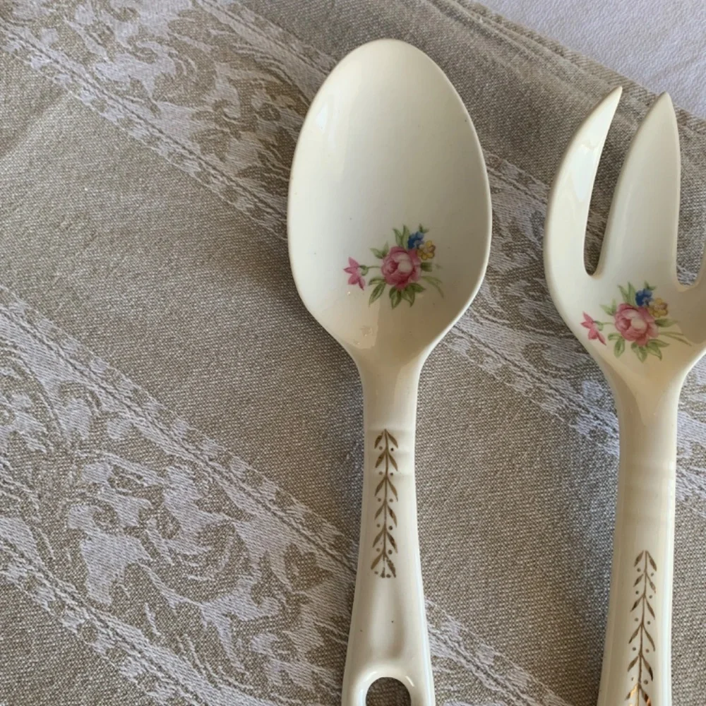 Ceramic Floral Serving Utensil Set- Shabby Chic Vintage Spoon, Fork, Pie Server